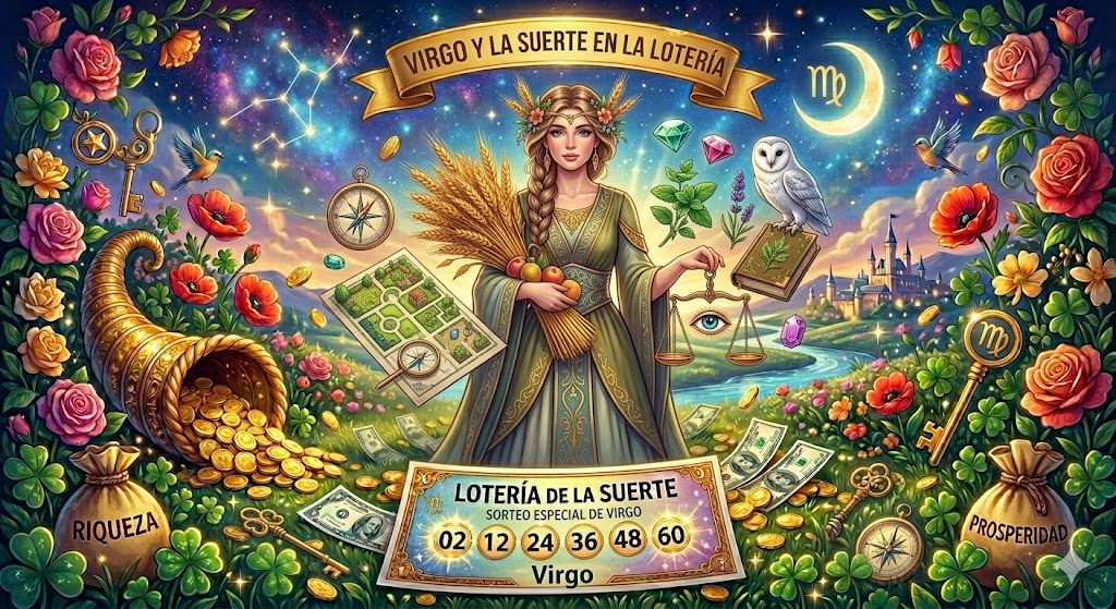 Resultado de la lotería Virgo con números ganadores y símbolos zodiacales.